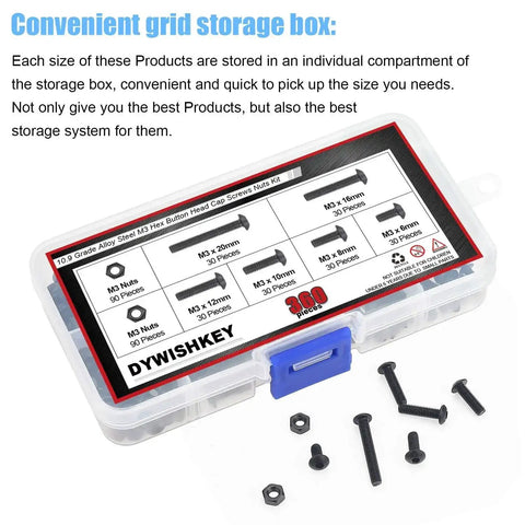 360 Piece M3 Hex Button Head Bolts Set, Pro Grade 10.9 Alloy Steel Screws Nuts Kit With Hex Wrench in storage box with bolts shown