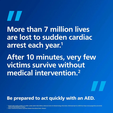 Infographic on sudden cardiac arrest statistics and AED importance, urging quick action with HeartStart AED Defibrillator Training Kit