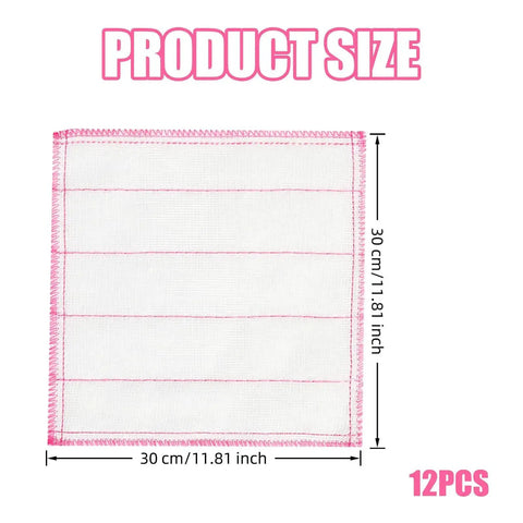 Product size diagram of a 12 Piece 8 Layer Cotton Gauze Cleaning Cloth, 30x30 cm with pink stitching, for multipurpose use.