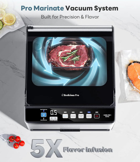 Beelicious Pro vacuum sealer in black with stainless accents; steak in chamber with front control panel visible.