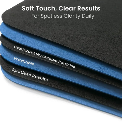 Stacked microfiber cleaning cloths in blue and black for eyeglasses, screens, cameras, with text highlighting features.