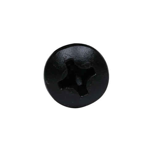 Close-up of a black phosphate pan head screw with Phillips drive, part of the 100 Pack Size 6 Coarse Deep Thread Wood Screws for DIY.