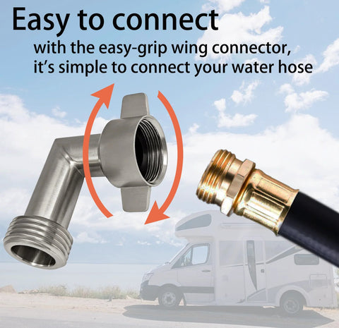 Stainless steel 90-degree RV hose elbow with wing-grip connector and 3/4 in GHT brass adapter