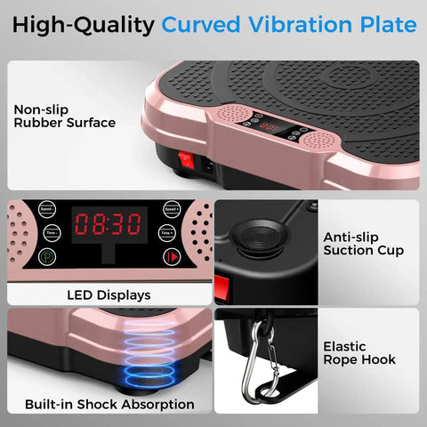 High-quality curved rose gold Vibration Plate Exercise Machine for full body workout, 400 lbs capacity, LED display, non-slip surface.