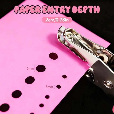 Two Size Single Hole Punch Set With One Quarter Inch And One Eighth Inch, showing pink paper with punched holes and metal punch.