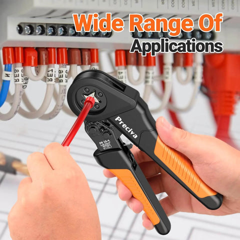 Hands using Ferrule Crimping Tool Kit With Portable Case Square Crimp Pliers For AWG 28 To 5 Wires Ratchet Crimper 1300 Ferrule