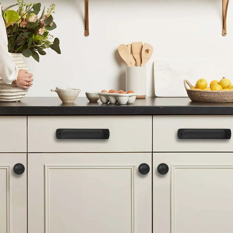 Matte Black 3 Inch Hole Center Cup Pulls For Cabinets And Drawers, 10 Pack Kitchen Cabinet Handles And Drawer Knobs installed
