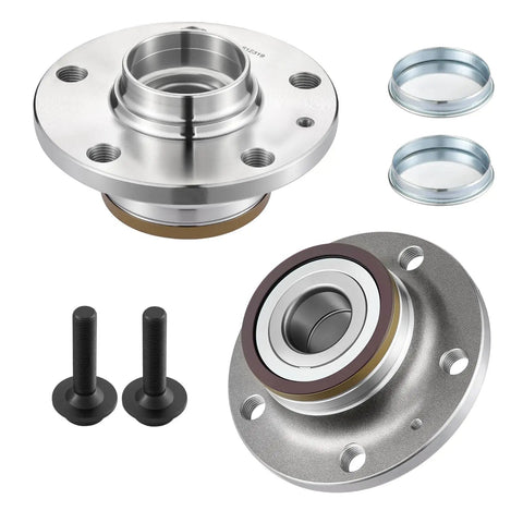 Drop In Rear Wheel Bearing And Hub Assembly For Audi Q3 TT 2008 2018 And VW Arteon Beetle CC Eos Golf GTI Jetta Passat Tiguan 2005 2020 5 Lug Two Piece Set Replacement, showing two hubs and bolts.