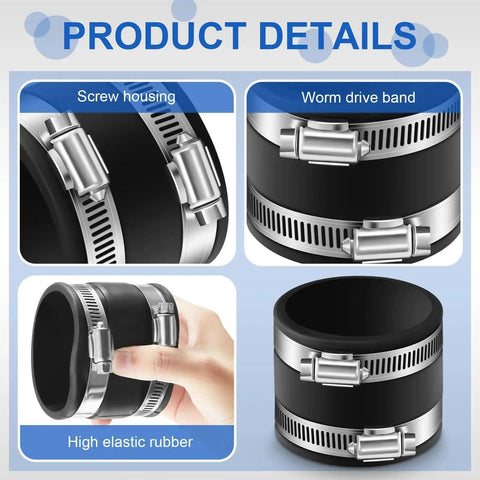 Close-up of 4 Piece 2-1/2 Inch Dust Control Flex Cuffs With Stainless Steel Hose Clamps And Flexible PVC Couplings For Plastic And Copper Plumbing Connections Heavy Duty Dust Collection Fittings Set For Quick No Fuss Setups