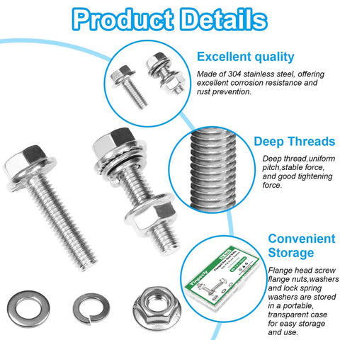 M6 Flanged Hex Head Bolts Kit, 20mm Length, 304 Stainless Steel Hardware Set with Nuts, Washers, detail view and packaging