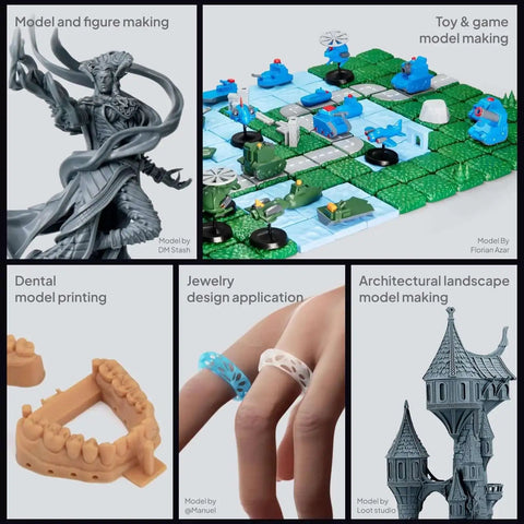 Collage showcasing uses of Mars 5 Ultra Resin 3D Printer for models, toys, dental molds, jewelry, and architecture.