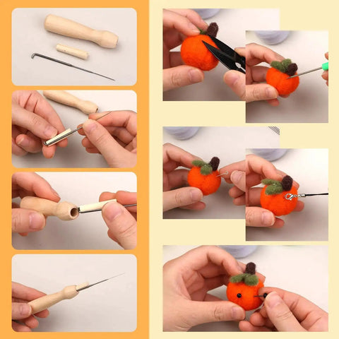 Beginner Friendly 45 Colors Needle Felting Kit With Tools Needles Eyes Scissors Storage Bag And Box All In One DIY Handcraft Starter Set showing felting tools and steps to create a pumpkin figure.