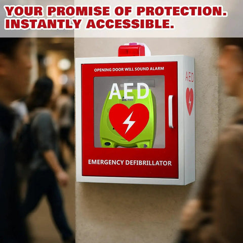 AED Defibrillator Cabinet Wall Mount With Alarm And Clear Window displayed in a public space, durable steel box with handle