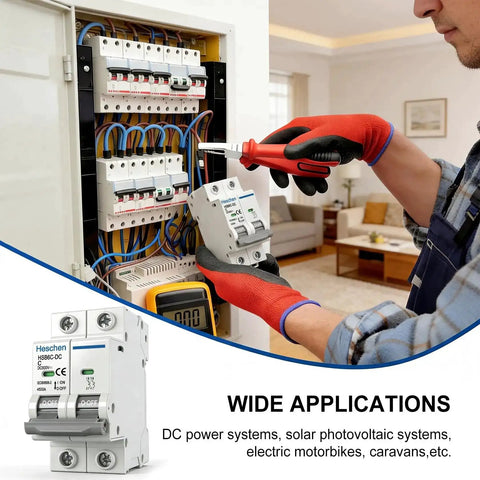 2 Pole DC Solar PV Circuit Breaker Type C Non-Polarized 500V 32A With 4.5kA Breaking Capacity For Solar Panels And Grid Setups DIN Rail Mounting 35mm Gray, shown being installed in a panel.