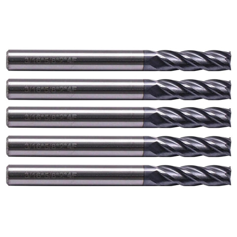 Heavy Duty 5 Piece Solid Carbide End Mills Set AlTiN Coated Square End Mills 4 Flute 30 Degree Helix visible side view
