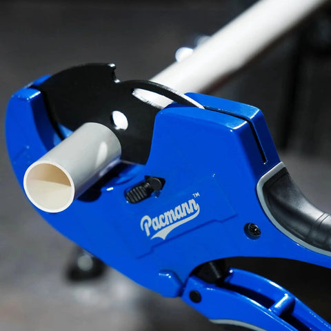 Beast Mode Heavy Duty Ratchet Pipe Cutter For PEX PVC PPR Hoses Up To 2 1/2 Inches in action with pipe inserted