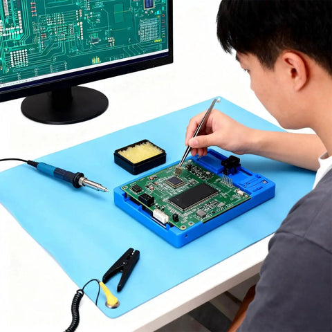Technician using Anti Static ESD Mat For Electronics Repair And PC Building; flexible thermoplastic desk pad with grounding wire.