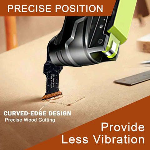 Curved Edge Oscillating Tool Blades 100 Pcs Universal Wood Multitool Set in use for precise plunge cuts in wood.