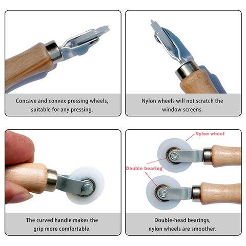 Close-up of 3 Piece Window Screen Tool Set With Wooden Handle Spline Roller And Nylon Bearing Wheels Mesh Screen Door Repair Kit