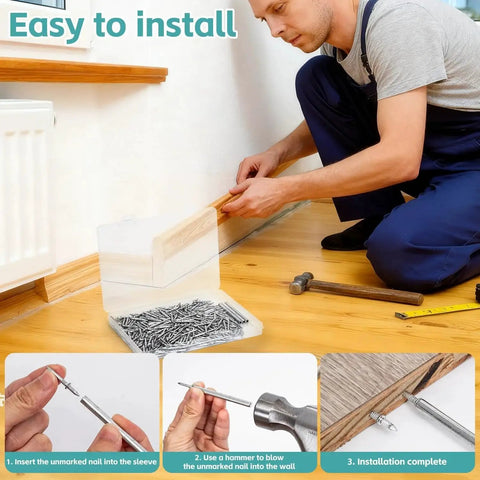 Person using Dual Direction Skirting Nails For Baseboards With Included Sleeve Tool Double Headed Nails Deliver Mark Free Installation