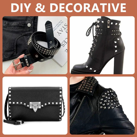DIY accessories with Silver Pyramid Spike Flatback Studs 200Pcs for Clothing Belts Leathercraft on belts, boots, bag, and jacket.