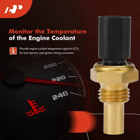 Engine Coolant Temperature Sensor 2 Pin Fits Chrysler Dodge Jeep Mercedes Benz Works With Journey C230 C240 C280 E300 E63 S320 SL320 SLK230 CLA45 AMG and More APremium displayed next to a performance gauge illustration.