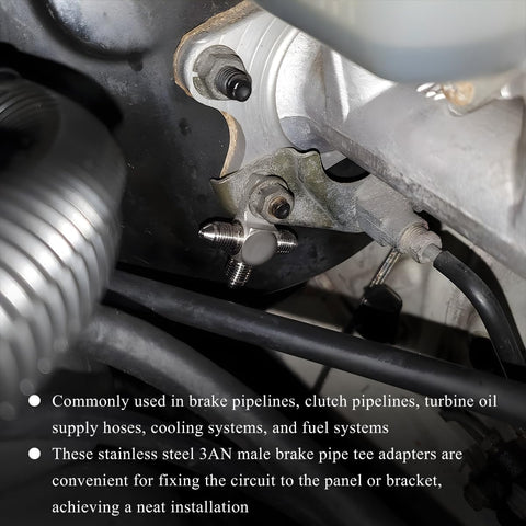 KVAEY 3AN stainless steel brake line tee adapter with mounting tab and three male flare outlets.