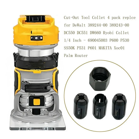 Four Pack Cut Out Tool Collet Chuck Kit For DW660 And DC550 Palm Routers with collets and nut displayed