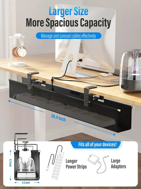Upgraded No Drill Under Desk Cable Management Tray With Fabric Cord Hider 28.4 Inch Wire Organizer installed under desk
