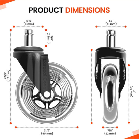 Set Of 5 3 Inch Office Chair Caster Wheels With Precision Ball Bearings And Polyurethane Coating For Quiet Glide On Carpet Hardwood Tile And Laminate Floors Easy Tool Free Installation Not For IKEA shown with dimensions