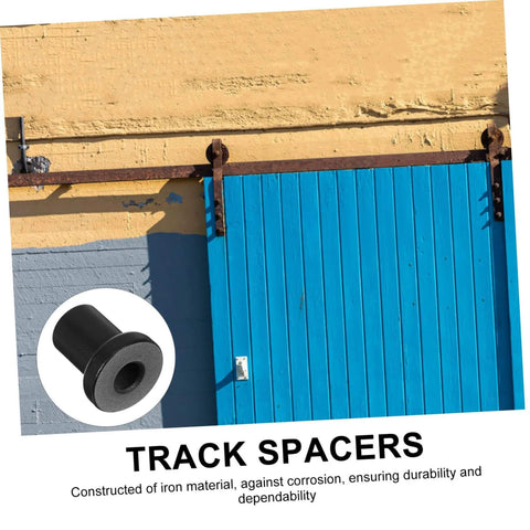 Four Piece Carbon Steel Track Spacers For Sliding Barn Doors Replacement Hardware Kit No Fuss Install Built To Last Compatible With Flat Track Systems Sturdy Connectors For Easy Wall Mount And Smooth Door Alignment shown with blue sliding barn door.