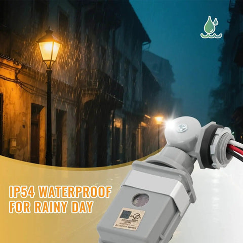 Two Pack No Fuss Photocell Sensor For Outdoor Lights, 120VAC Dusk To Dawn Switch, IP54 Waterproof shown in rainy street