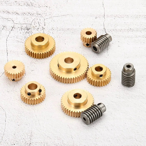 Brass Worm Gear Set with 20 Teeth and 0.8 Module, brass gears with 4mm bore, steel rods for robotic builds and gearboxes.