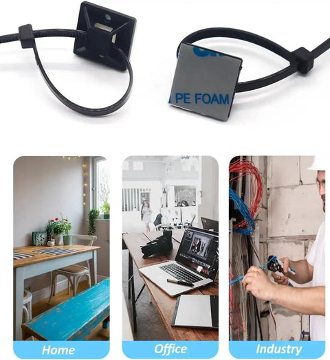 Self Adhesive Cable Zip Tie Mounts Kit With 3M Strong Adhesive shown in home, office, and industry settings