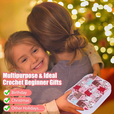 Child holding 85-Piece Crochet Hooks Kit With Case, ergonomic hooks, stainless aluminum, ideal gift for beginners and pros.