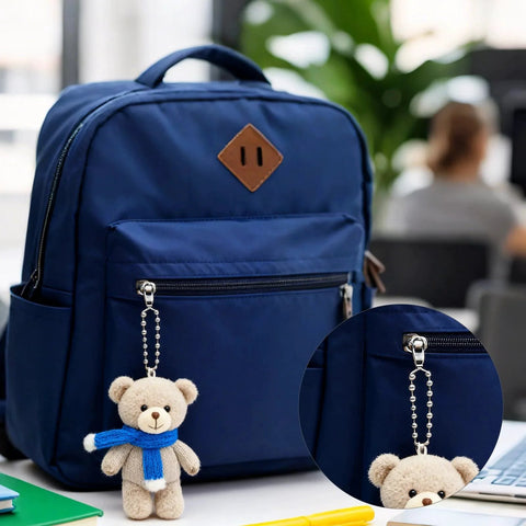 Bulk 50 Pcs Ball Bead Chains 4.72 Inch Stainless Steel Ball Chain used for keychain with teddy bear charm on blue backpack