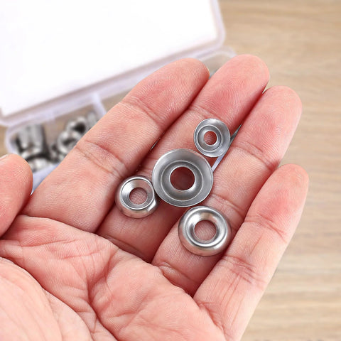 Finish washers set, stainless steel cup countersunk, assorted sizes #6–#12; four washers in hand