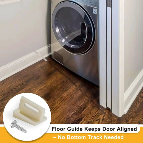 10 Pack Pocket Door Bottom Guides For Carpeted Floors Jamb Mounted 1.125 Inch Universal Fit shown installed beside dryer with insert