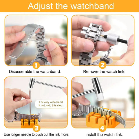 Watch Link Removal Tool Kit For Band Adjustment And Replacement, Pro Grade Watch Repair Set, instructions for adjusting watch band