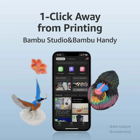 Smartphone displaying 3D printing app interface with colorful bird and flower models, emphasizing Blazing Fast A1 Mini 3D Printer With AMS Lite For Multi Color Printing Ultra High Speed And Precision Full Auto Calibration And Active Flow Rate Compensation Quiet Up To 48 Decibels FDM Printer For Home Hobby And Small Shops.