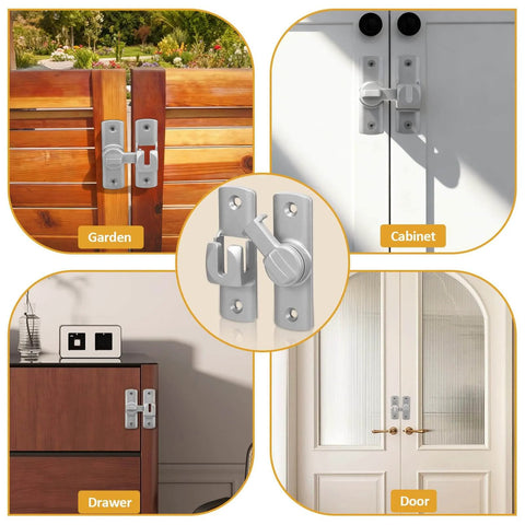 Six Pack Barn Door Lock Set For Privacy And Security Latches, 90 And 180 Degree Angles installed on garden, cabinet, drawer, door