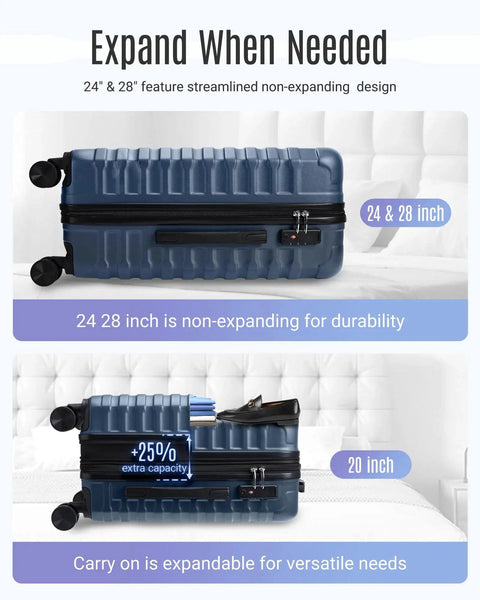 Durable 3 Piece Luggage Set Light Flight suitcase showing expandable carry-on feature and non-expanding large checked sizes, ideal for travel.