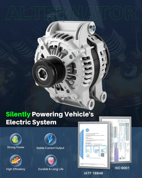 Front view of high-output 220A alternator, suitable for Chrysler, Jeep, Dodge models, showcasing design and features.
