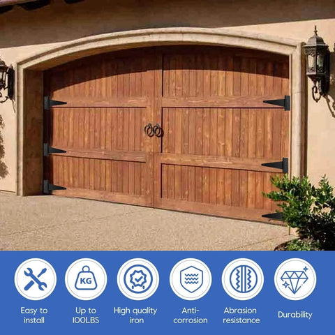 Wooden garage door with 6 Inch T Strap Gate Hinges Heavy Duty With Screws 4 Pack Black Coated Steel For Outdoor Barns Gates And Wooden Fences Corrosion Resistant Rust Proof