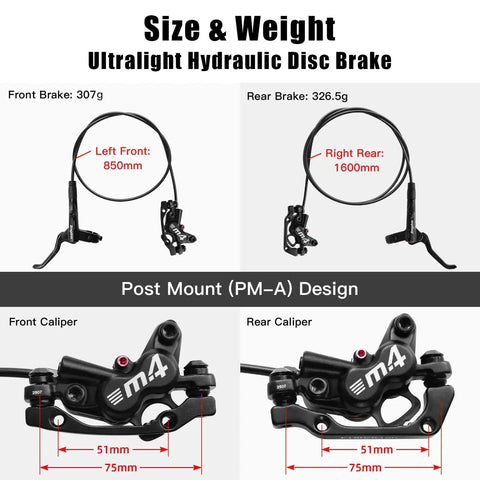 Splumzer MTB 4-piston hydraulic disc brake set, front-left and rear-right PM-A post-mount, 850mm/1600mm cables