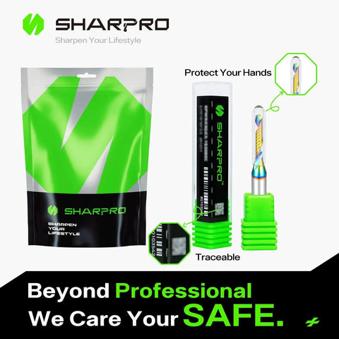 O Flute Upcut Spiral Router Bit For CNC Sharpro Carbide Single Flute One Quarter Inch Shank One Eighth Inch Cutting Diameter displayed with packaging and protective casing.