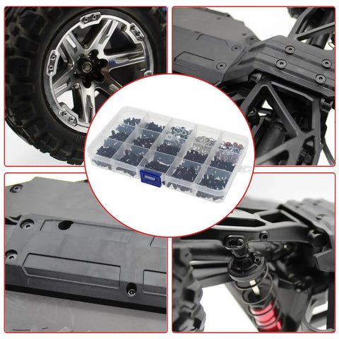 Traxxas Compatible 520 Piece Universal RC Screw Kit Screws Assortment Set in plastic case with RC car parts close-ups