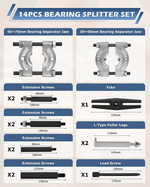 Heavy Duty Bearing Separator Puller Set With 5 Ton Capacity Includes 2 Inch And 3 Inch Bearing Splitters, extension screws, and puller legs.