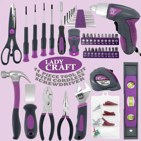44 Piece 4V Cordless Screwdriver Tool Kit Set in Pink for Women with tool assortment and storage case shown