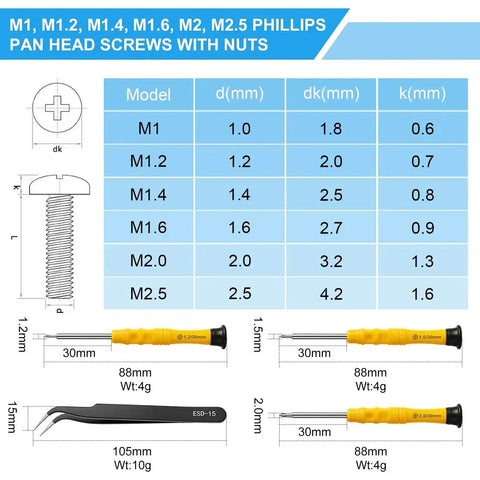 Detailed diagram of 1020Pcs Stainless Steel Tiny Micro Screws Kit with screw sizes and dimensions, including tools and measurements.